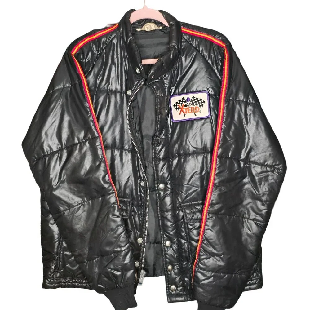 VTG Wynns Xtend Official Racing Puffer Jacket LG Black Snap Zip Closure USA 70s - Picture 9 of 14